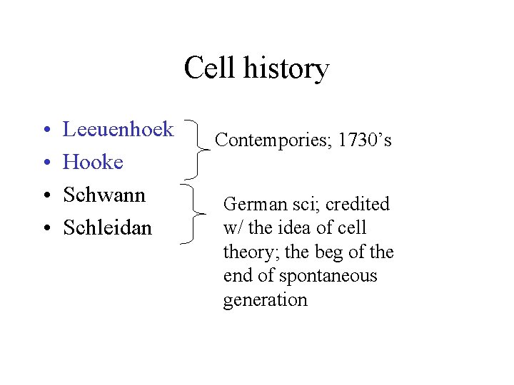 Cell history • • Leeuenhoek Hooke Schwann Schleidan Contempories; 1730’s German sci; credited w/