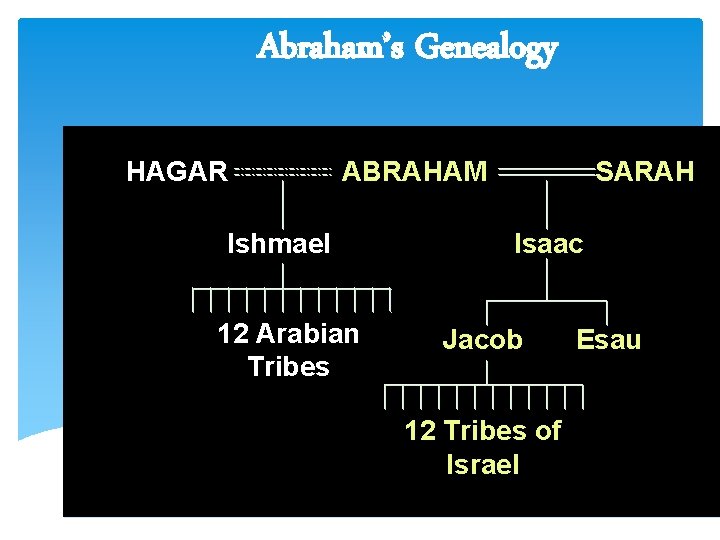 Abraham’s Genealogy HAGAR ABRAHAM Ishmael 12 Arabian Tribes SARAH Isaac Jacob 12 Tribes of