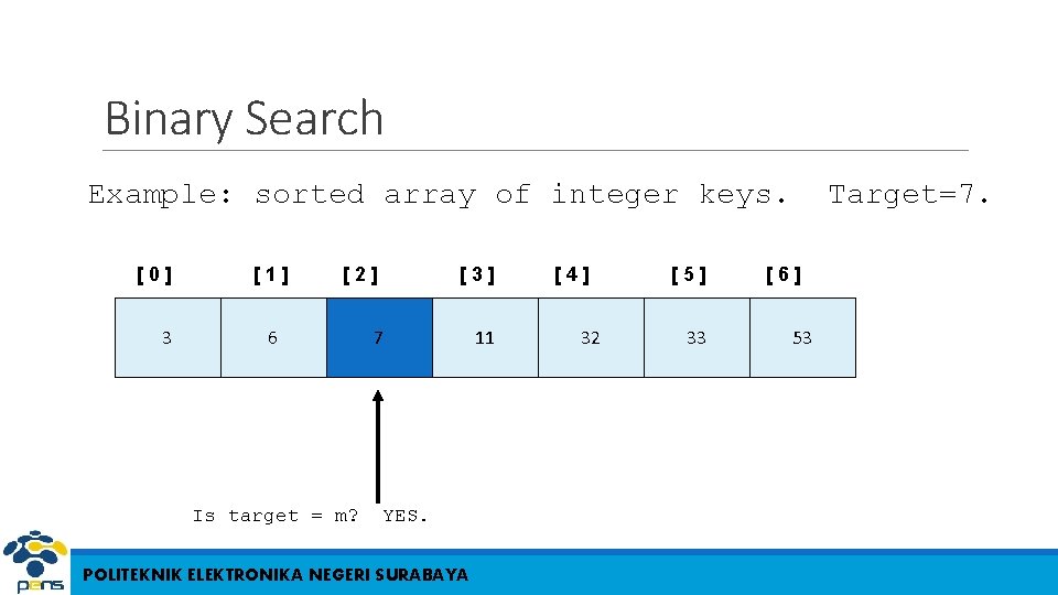 Binary Search Example: sorted array of integer keys. [0] 3 [1] [2] 6 Is