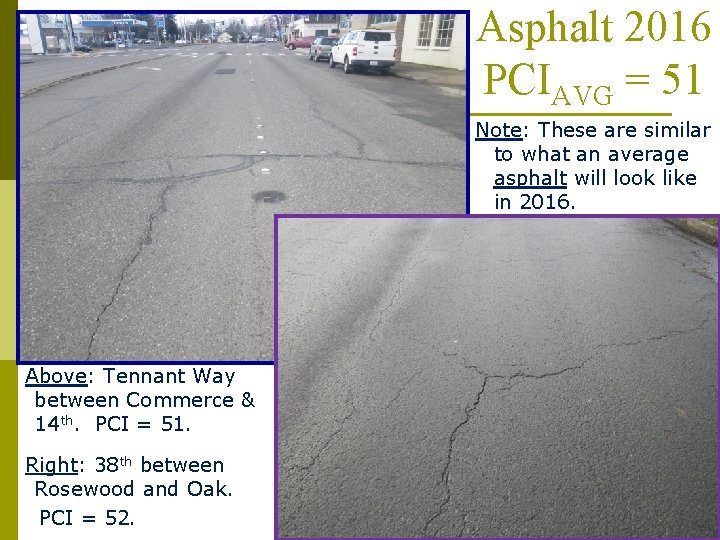 Asphalt 2016 PCIAVG = 51 Note: These are similar to what an average asphalt