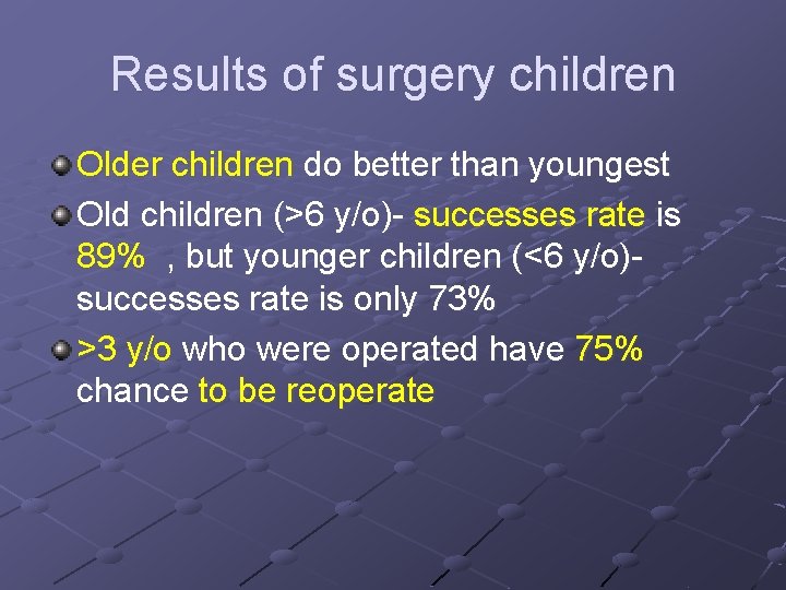 Results of surgery children Older children do better than youngest Old children (>6 y/o)-