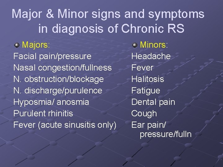 Major & Minor signs and symptoms in diagnosis of Chronic RS Majors: Facial pain/pressure