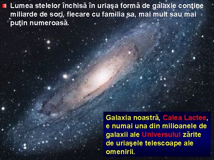 Lumea stelelor închisă în uriaşa formă de galaxie conţine miliarde de sori, fiecare cu