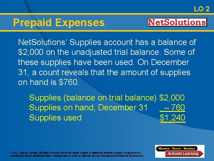 LO 2 Prepaid Expenses Net. Solutions’ Supplies account has a balance of $2, 000