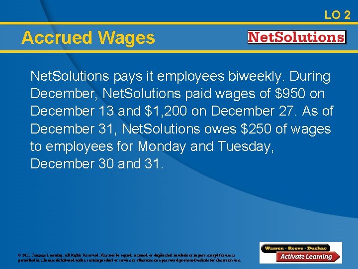 LO 2 Accrued Wages Net. Solutions pays it employees biweekly. During December, Net. Solutions