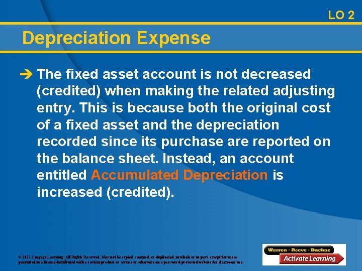 LO 2 Depreciation Expense è The fixed asset account is not decreased (credited) when