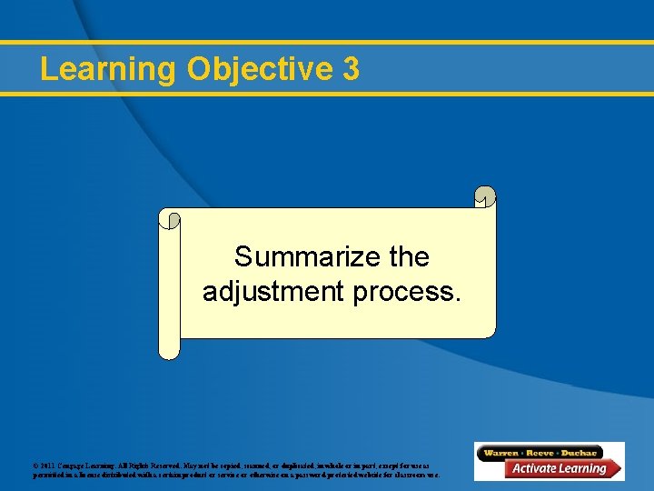 Learning Objective 3 Summarize the adjustment process. © 2011 Cengage Learning. All Rights Reserved.
