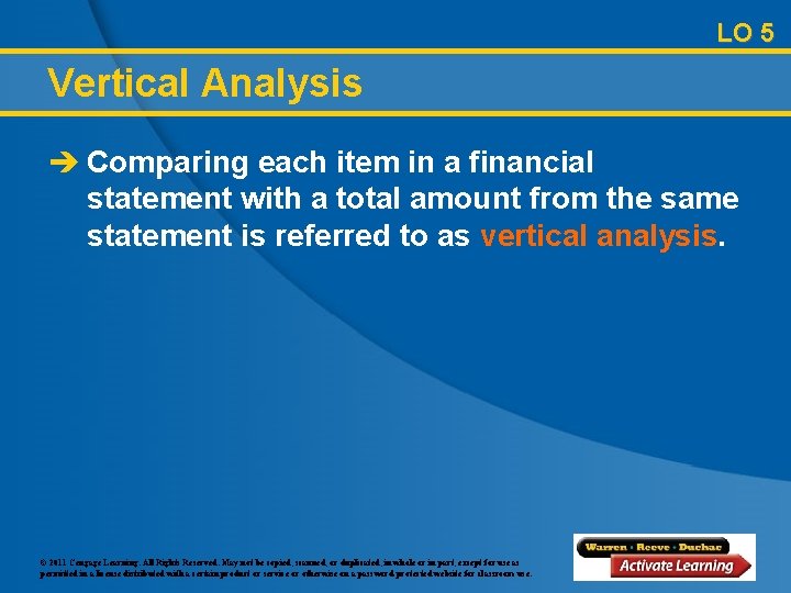 LO 5 Vertical Analysis è Comparing each item in a financial statement with a