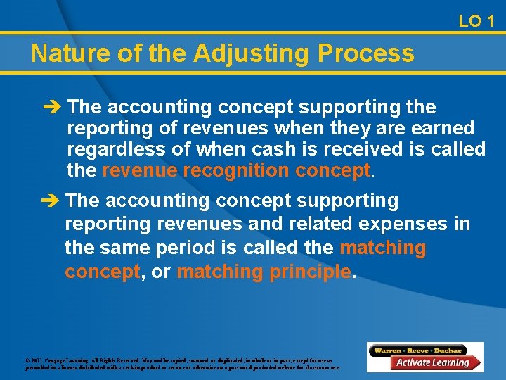 LO 1 Nature of the Adjusting Process è The accounting concept supporting the reporting