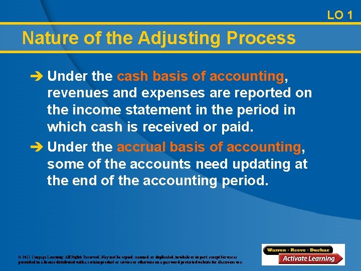 LO 1 Nature of the Adjusting Process è Under the cash basis of accounting,