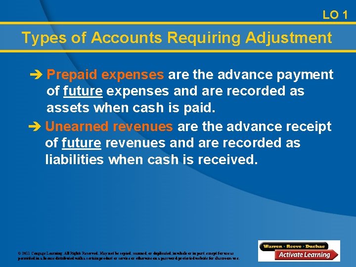 LO 1 Types of Accounts Requiring Adjustment è Prepaid expenses are the advance payment