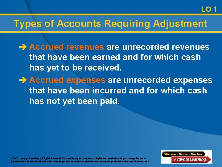 LO 1 Types of Accounts Requiring Adjustment è Accrued revenues are unrecorded revenues that