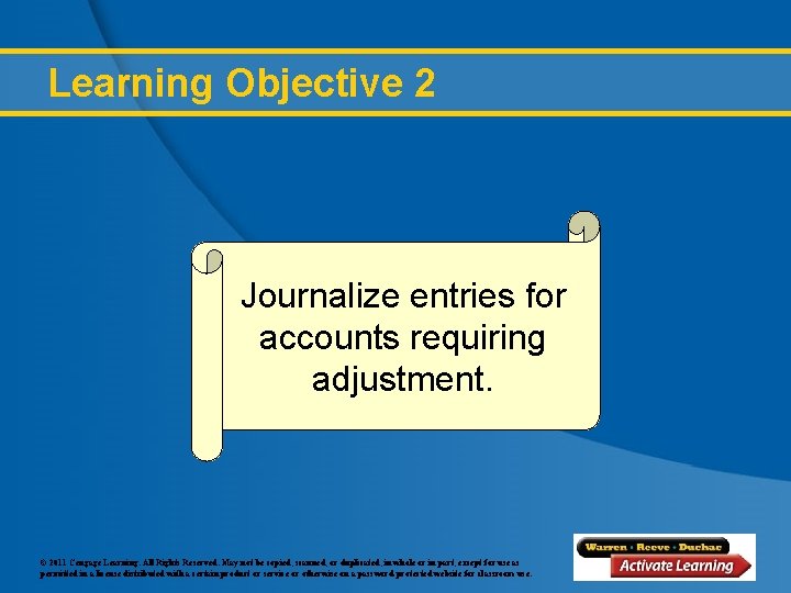 Learning Objective 2 Journalize entries for accounts requiring adjustment. © 2011 Cengage Learning. All