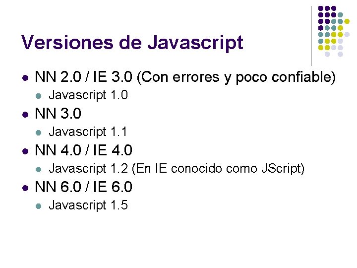 Versiones de Javascript l NN 2. 0 / IE 3. 0 (Con errores y