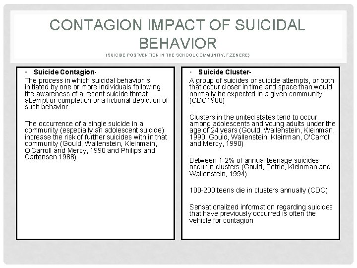 CONTAGION IMPACT OF SUICIDAL BEHAVIOR (SUICIDE POSTVENTION IN THE SCHOOL COMMUNITY, F. ZENERE) •