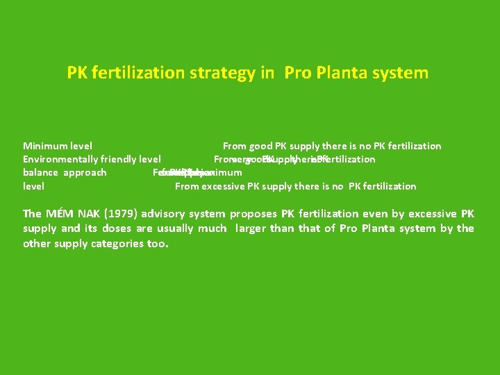 PK fertilization strategy in Pro Planta system Minimum level From good PK supply there