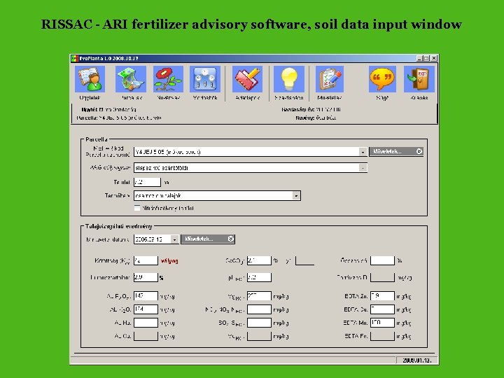 RISSAC - ARI fertilizer advisory software, soil data input window 