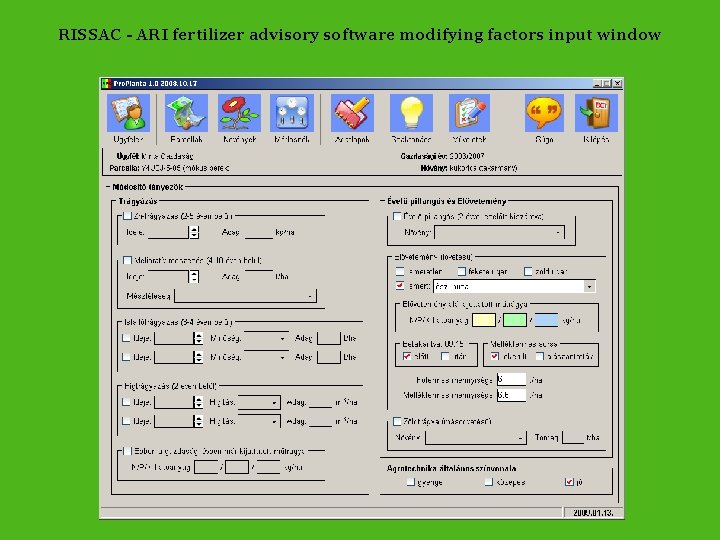 RISSAC - ARI fertilizer advisory software modifying factors input window 