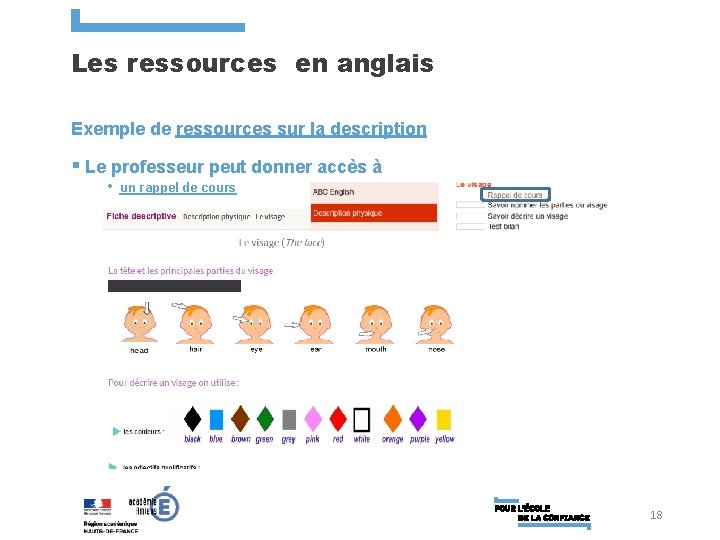 Les ressources en anglais Exemple de ressources sur la description § Le professeur peut