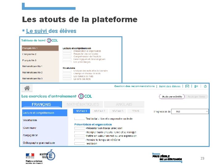 Les atouts de la plateforme § Le suivi des élèves 23 