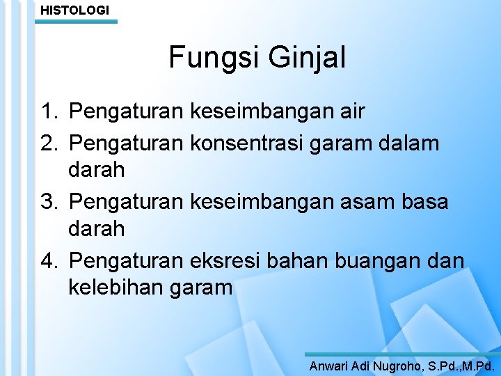 HISTOLOGI Fungsi Ginjal 1. Pengaturan keseimbangan air 2. Pengaturan konsentrasi garam dalam darah 3.