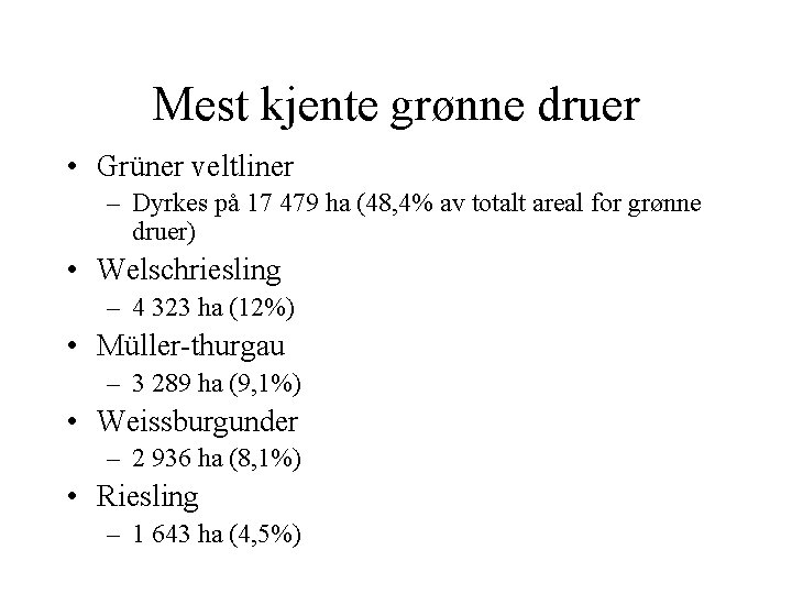 Mest kjente grønne druer • Grüner veltliner – Dyrkes på 17 479 ha (48,