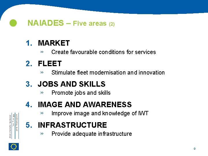  NAIADES – Five areas (2) 1. MARKET » Create favourable conditions for services