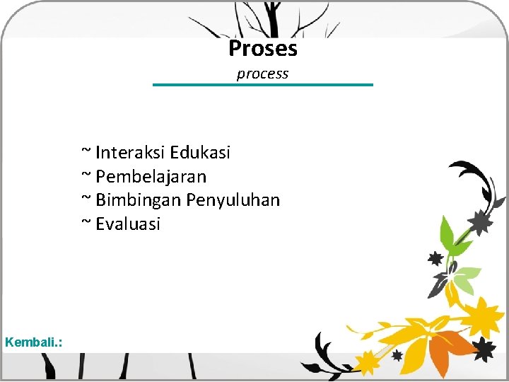 Proses process ~ Interaksi Edukasi ~ Pembelajaran ~ Bimbingan Penyuluhan ~ Evaluasi Kembali. :