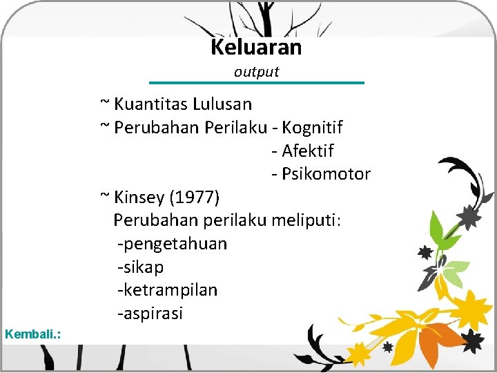 Keluaran output ~ Kuantitas Lulusan ~ Perubahan Perilaku - Kognitif - Afektif - Psikomotor