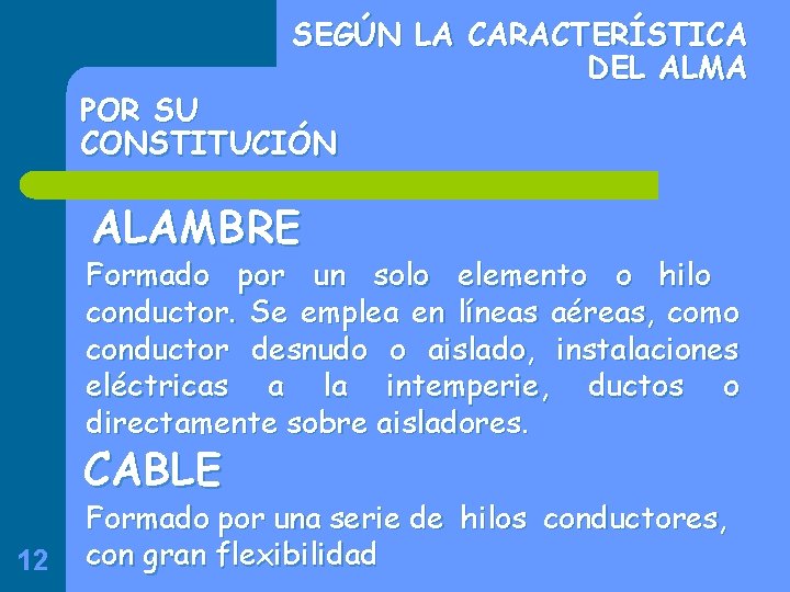 SEGÚN LA CARACTERÍSTICA DEL ALMA POR SU CONSTITUCIÓN ALAMBRE Formado por un solo elemento