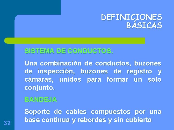 DEFINICIONES BÁSICAS SISTEMA DE CONDUCTOS. Una combinación de conductos, buzones de inspección, buzones de