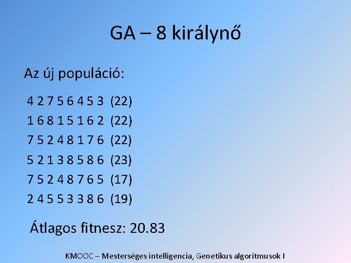 GA – 8 királynő Az új populáció: 42756453 16815162 75248176 52138586 75248765 24553386 (22)