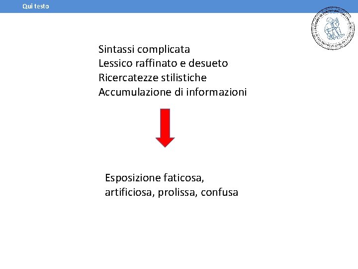 Qui testo Sintassi complicata Lessico raffinato e desueto Ricercatezze stilistiche Accumulazione di informazioni Esposizione