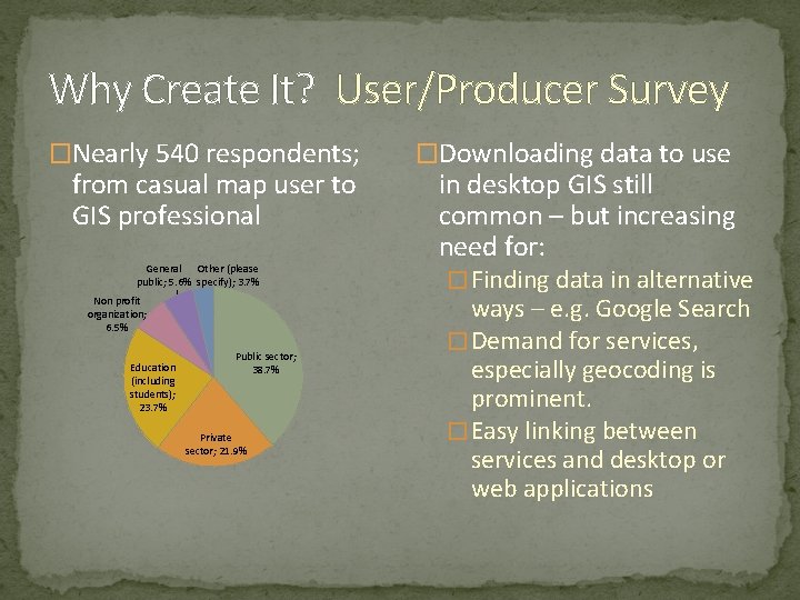 Why Create It? User/Producer Survey �Nearly 540 respondents; from casual map user to GIS