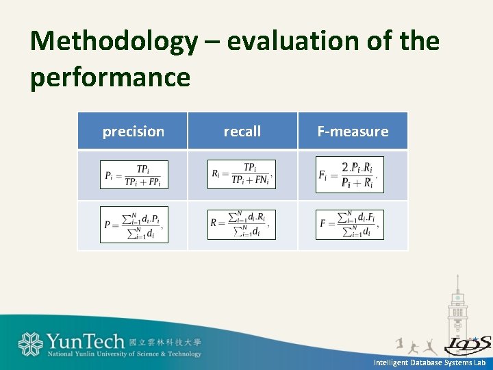 Methodology – evaluation of the performance precision recall F-measure Intelligent Database Systems Lab 