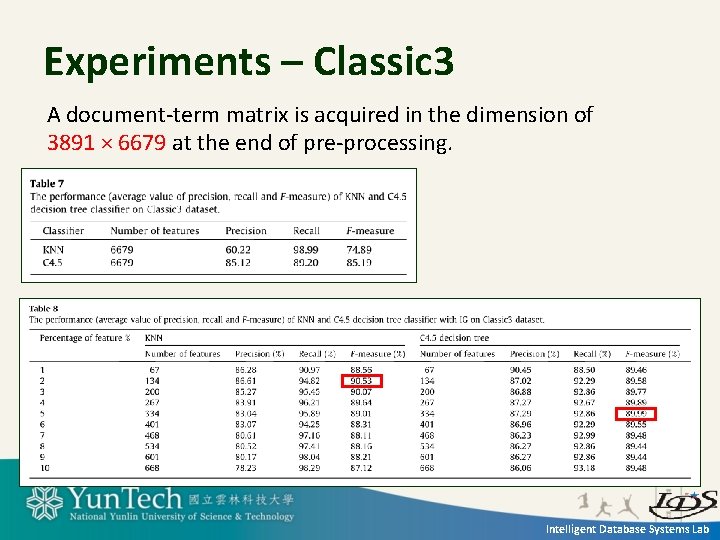 Experiments – Classic 3 A document-term matrix is acquired in the dimension of 3891