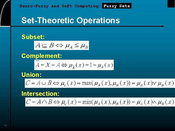 Neuro-Fuzzy and Soft Computing: Fuzzy Sets Set-Theoretic Operations Subset: Complement: Union: Intersection: 13 Neuro-Fuzzy and Soft Computing: Fuzzy Sets Set-Theoretic Operations Subset: Complement: Union: Intersection: 13