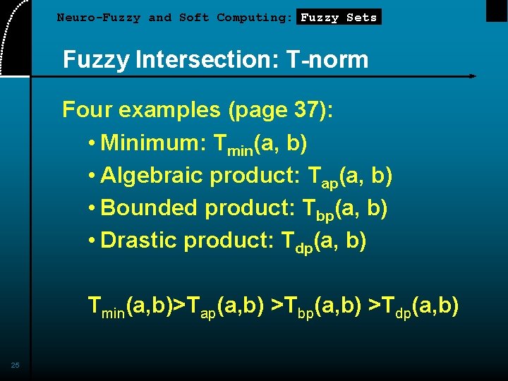 Neuro-Fuzzy and Soft Computing: Fuzzy Sets Fuzzy Intersection: T-norm Four examples (page 37): • Neuro-Fuzzy and Soft Computing: Fuzzy Sets Fuzzy Intersection: T-norm Four examples (page 37): •