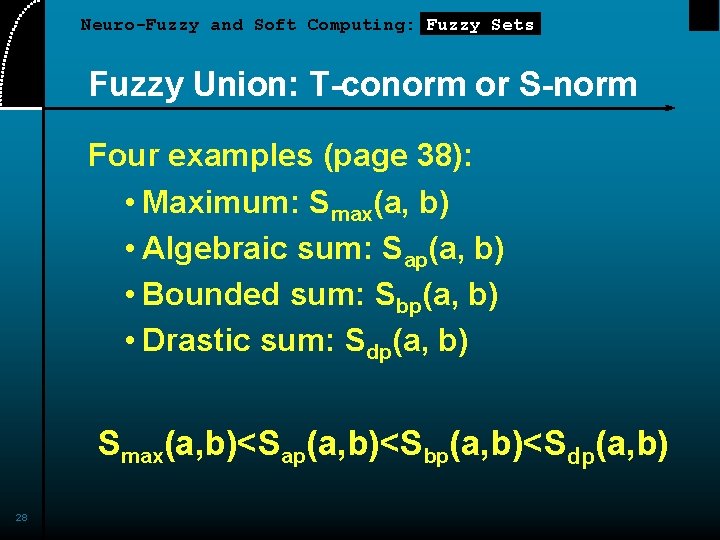 Neuro-Fuzzy and Soft Computing: Fuzzy Sets Fuzzy Union: T-conorm or S-norm Four examples (page Neuro-Fuzzy and Soft Computing: Fuzzy Sets Fuzzy Union: T-conorm or S-norm Four examples (page