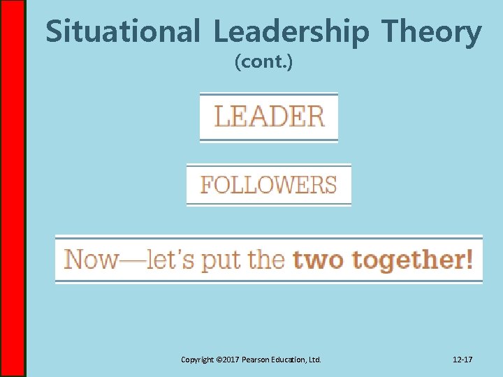 Situational Leadership Theory (cont. ) Copyright © 2017 Pearson Education, Ltd. 12 -17 