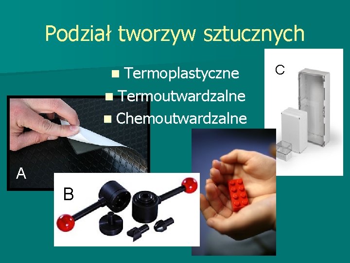 Podział tworzyw sztucznych n Termoplastyczne n Termoutwardzalne n Chemoutwardzalne A B C Podział tworzyw sztucznych n Termoplastyczne n Termoutwardzalne n Chemoutwardzalne A B C
