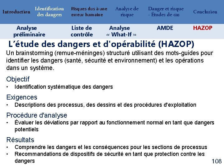 Introduction Identification des dangers Analyse préliminaire Risques dus à une erreur humaine Liste de