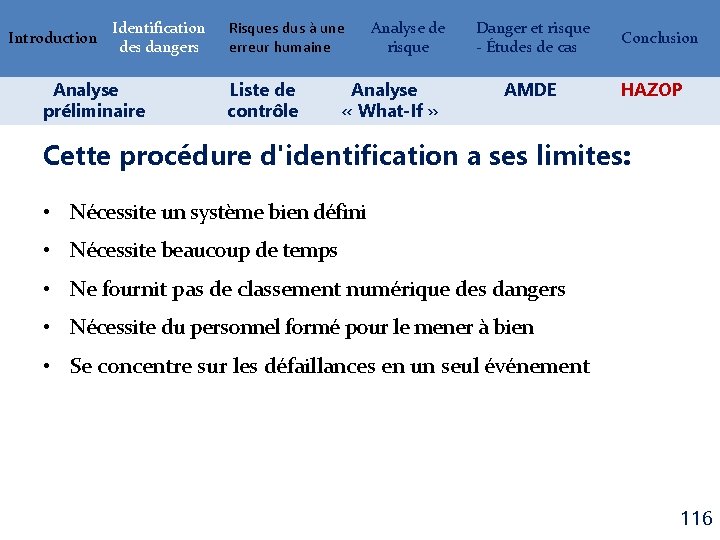 Introduction Identification des dangers Analyse préliminaire Risques dus à une erreur humaine Liste de