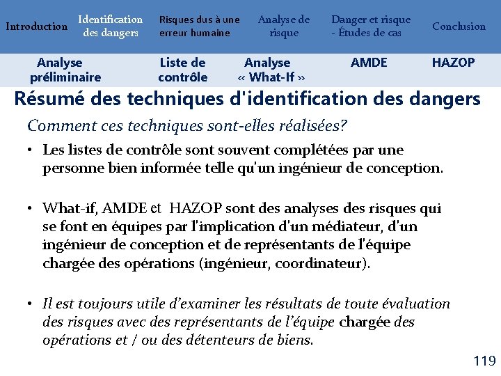 Introduction Identification des dangers Analyse préliminaire Risques dus à une erreur humaine Liste de