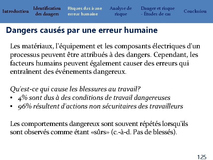 Introduction Identification des dangers Risques dus à une erreur humaine Analyse de risque Danger