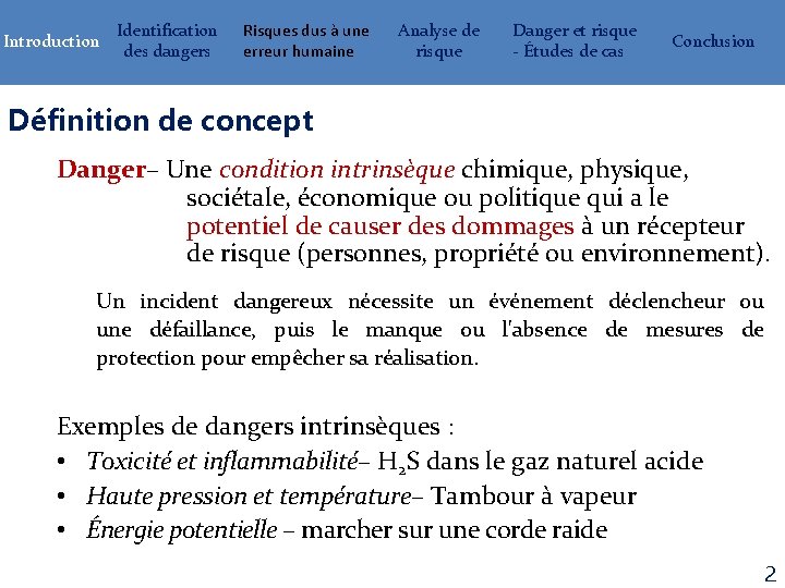 Introduction Identification des dangers Risques dus à une erreur humaine Analyse de risque Danger