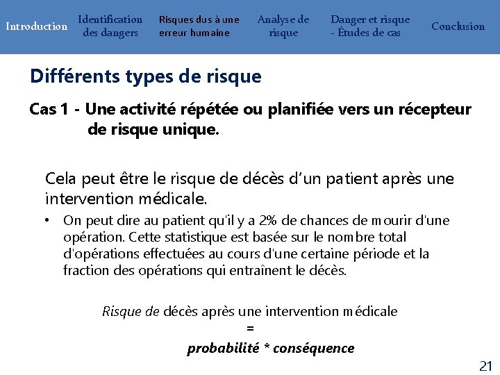 Introduction Identification des dangers Risques dus à une erreur humaine Analyse de risque Danger