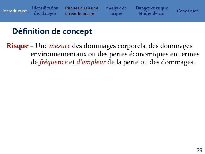 Introduction Identification des dangers Risques dus à une erreur humaine Analyse de risque Danger