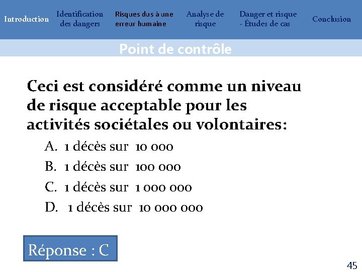 Introduction Identification des dangers Risques dus à une erreur humaine Analyse de risque Danger