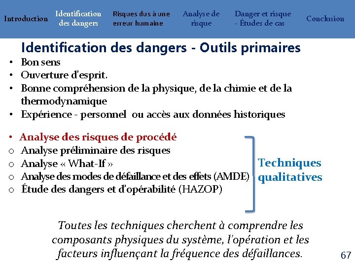 Introduction Identification des dangers Risques dus à une erreur humaine Analyse de risque Danger